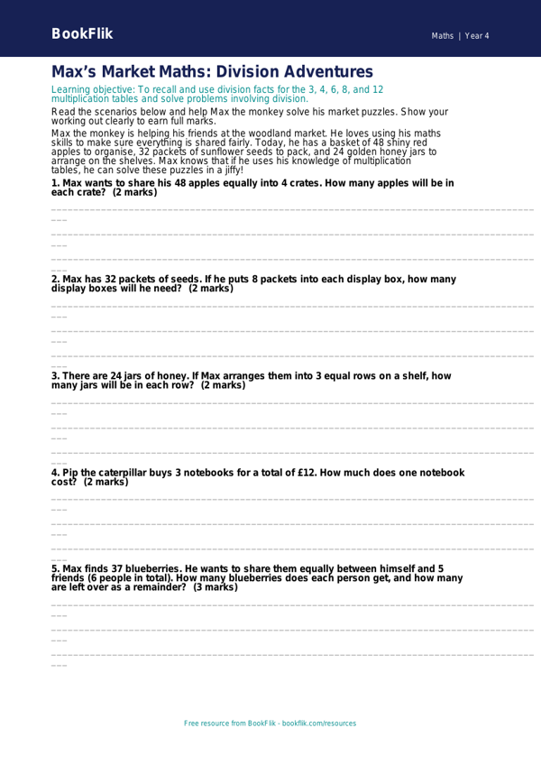 Free Mathematics Division Worksheet | Year 4 Core | BookFlik worksheet preview — Maths Mathematics Division