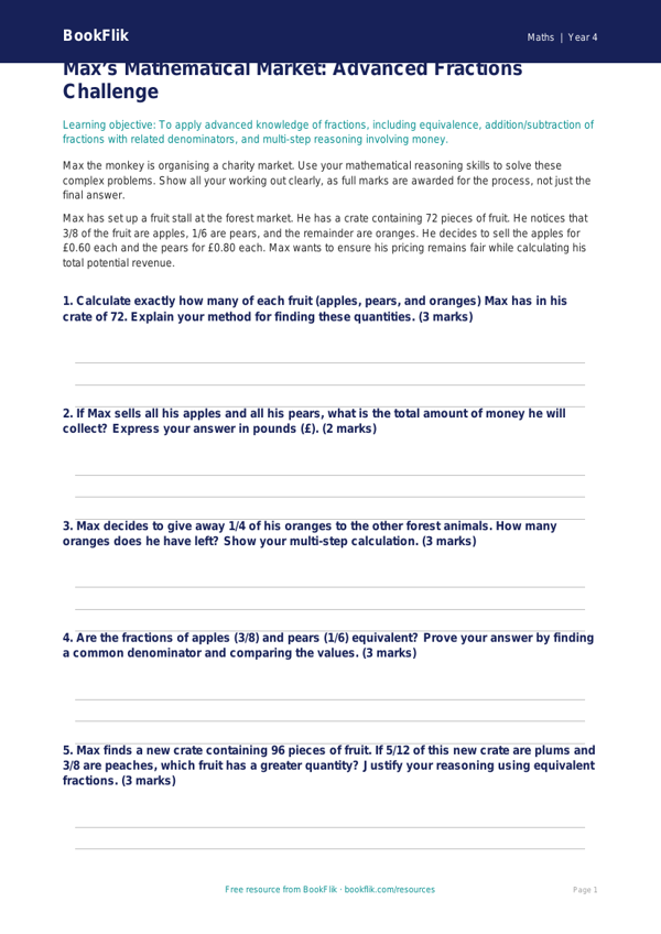 Free Mathematics Fractions Worksheet | Year 4 Challenge 2 | BookFlik worksheet preview — Maths Mathematics Fractions