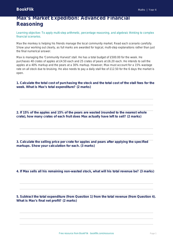 Free Mathematics Worksheet | Year 4 Challenge 2 | BookFlik worksheet preview — Maths Mathematics
