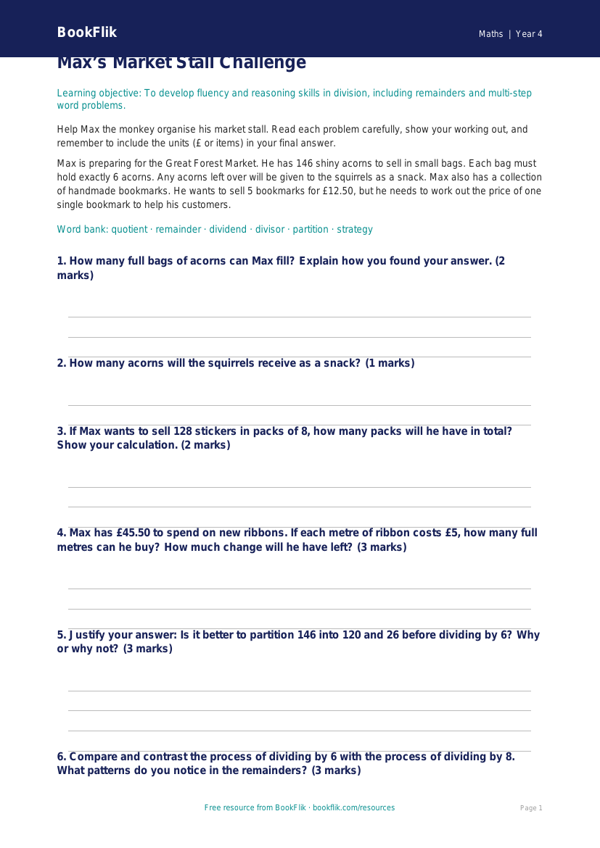 Free Maths Division Worksheet | Year 4 Greater Depth | BookFlik worksheet preview — Maths Maths Divison