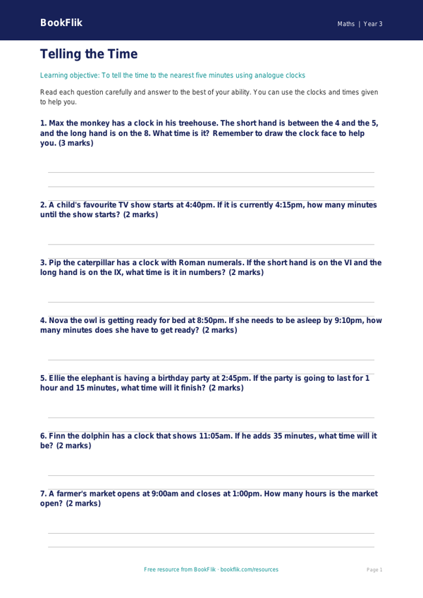 Free Year 3 Time Problems Worksheet | Year 3 Core | BookFlik worksheet preview — Maths Year 3 Time Porblems