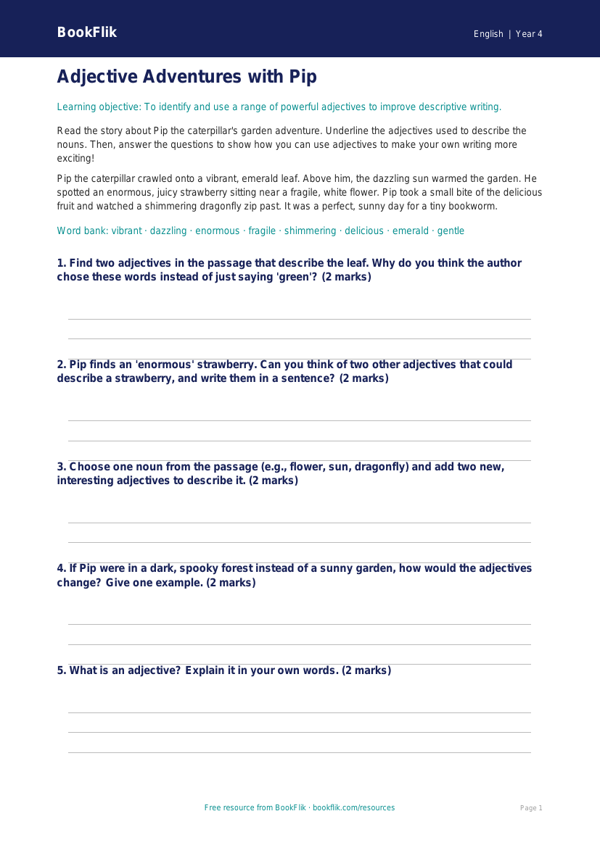 Free Adjectives Activity Sheet | Year 4 Core | BookFlik worksheet preview — English Adjectives