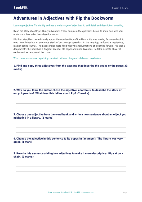 Free Adjectives Assessment | Year 4 Core | BookFlik worksheet preview — English Adjectives