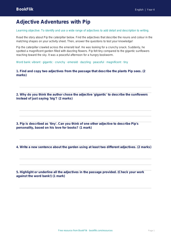Free Adjectives Colouring Page | Year 4 Core | BookFlik worksheet preview — English Adjectives