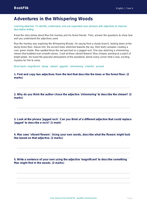 Free Adjectives Comprehension | Year 4 Core | BookFlik worksheet preview — English Adjectives