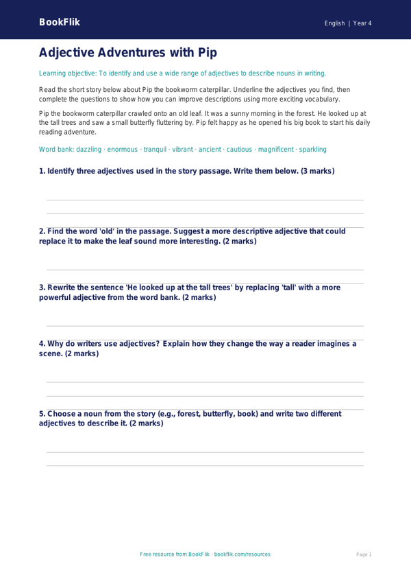 Free Adjectives Drawing Sheet | Year 4 Core | BookFlik worksheet preview — English Adjectives
