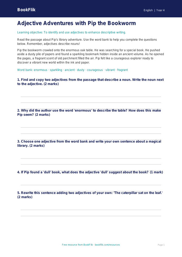 Free Adjectives Flashcards | Year 4 Core | BookFlik worksheet preview — English Adjectives