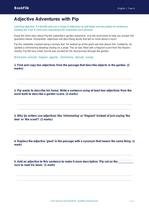 Free Adjectives Poster | Year 4 Core | BookFlik worksheet preview — English Adjectives