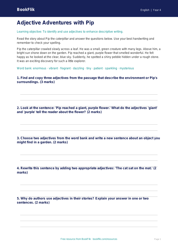 Free Adjectives Quiz | Year 4 Core | BookFlik worksheet preview — English Adjectives