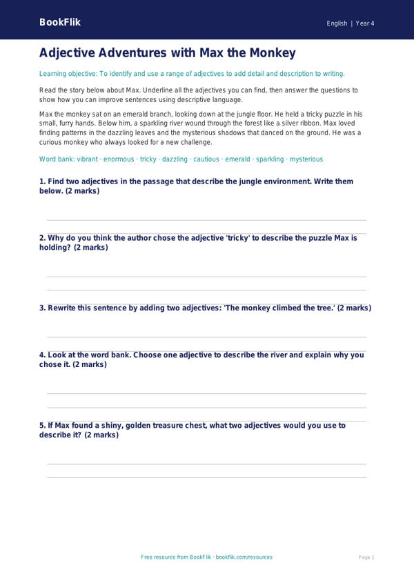 Free Adjectives Worksheet for Year 4 | BookFlik worksheet preview — English Adjectives