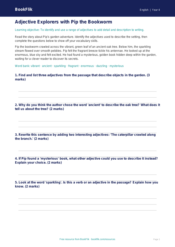 Free Adjectives Track Sheet | Year 4 Core | BookFlik worksheet preview — English Adjectives