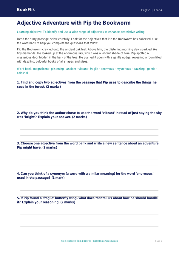 Free Adjectives Word Mat | Year 4 Core | BookFlik worksheet preview — English Adjectives