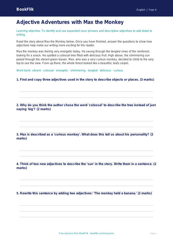 Free Adjectives Worksheet | Year 4 Core | BookFlik worksheet preview — English Adjectives
