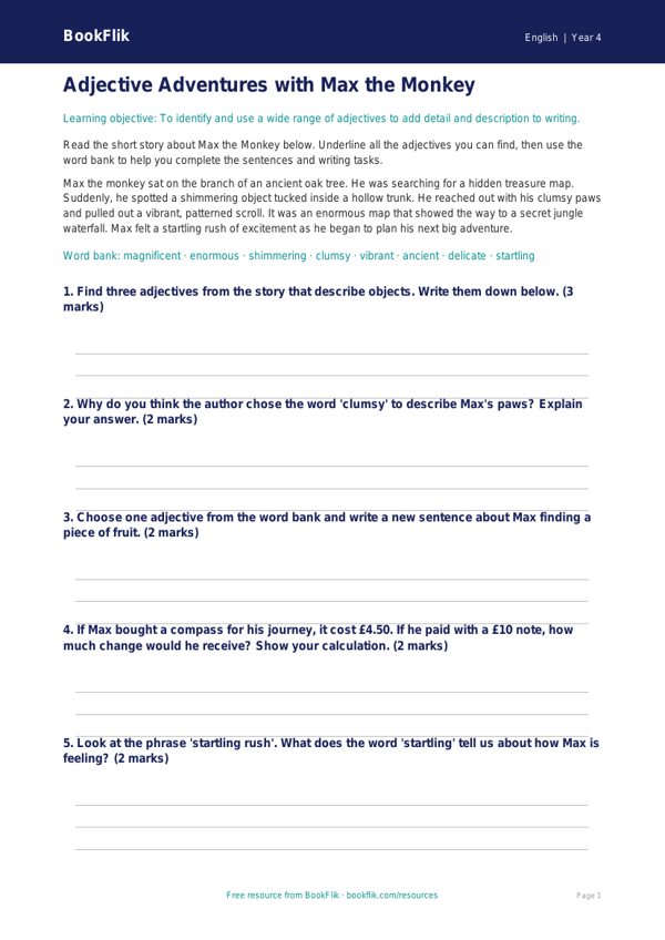 Free Adjectives Writing Frame | Year 4 Core | BookFlik worksheet preview — English Adjectives
