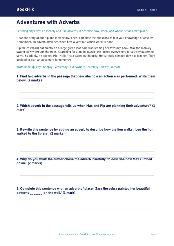 Free Adverbs Activity Sheet | Year 4 Core | BookFlik worksheet preview — English Adverbs