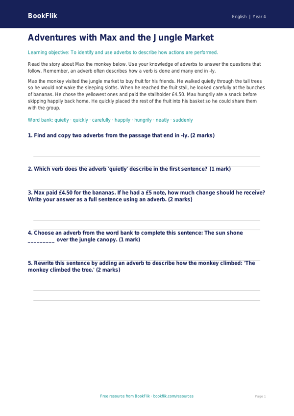 Free Adverbs Assessment | Year 4 Core | BookFlik worksheet preview — English Adverbs