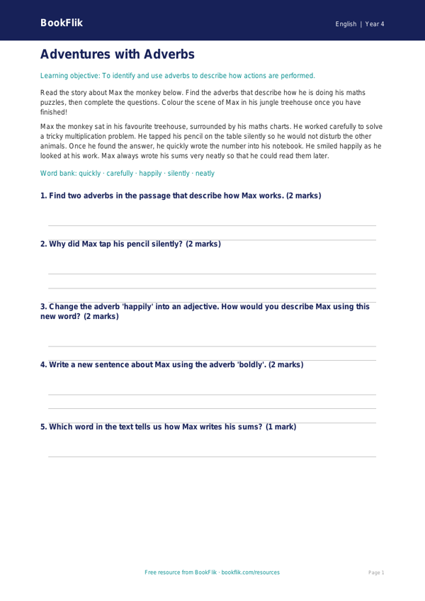 Free Adverbs Colouring Page | Year 4 Core | BookFlik worksheet preview — English Adverbs