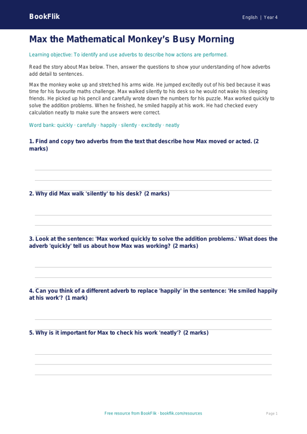 Free Adverbs Comprehension | Year 4 Core | BookFlik worksheet preview — English Adverbs