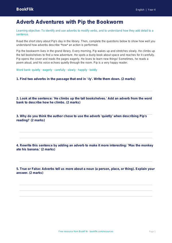 Free Adverbs Flashcards | Year 4 Core | BookFlik worksheet preview — English Adverbs