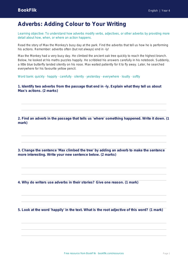 Free Adverbs Poster | Year 4 Core | BookFlik worksheet preview — English Adverbs