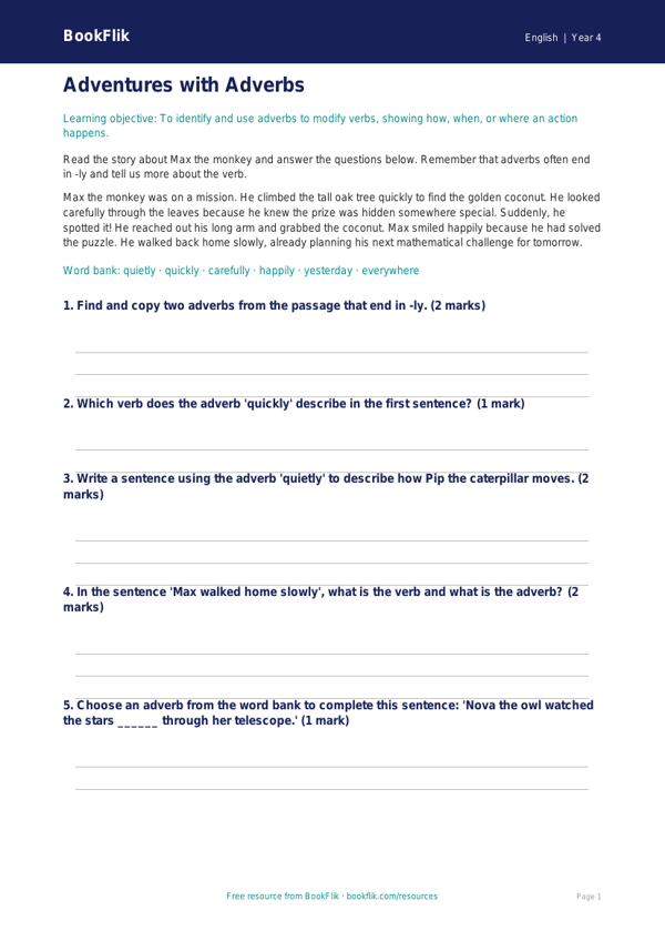 Free Adverbs Quiz | Year 4 Core | BookFlik worksheet preview — English Adverbs