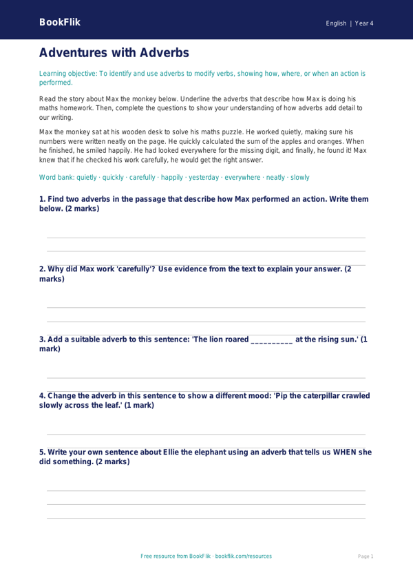 Free Adverbs Template | Year 4 Core | BookFlik worksheet preview — English Adverbs