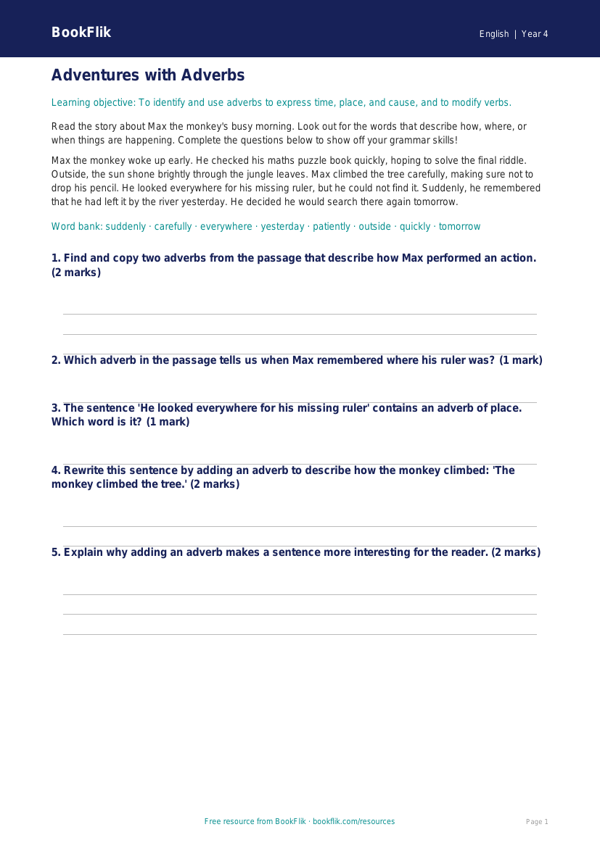 Free Adverbs Track Sheet | Year 4 Core | BookFlik worksheet preview — English Adverbs