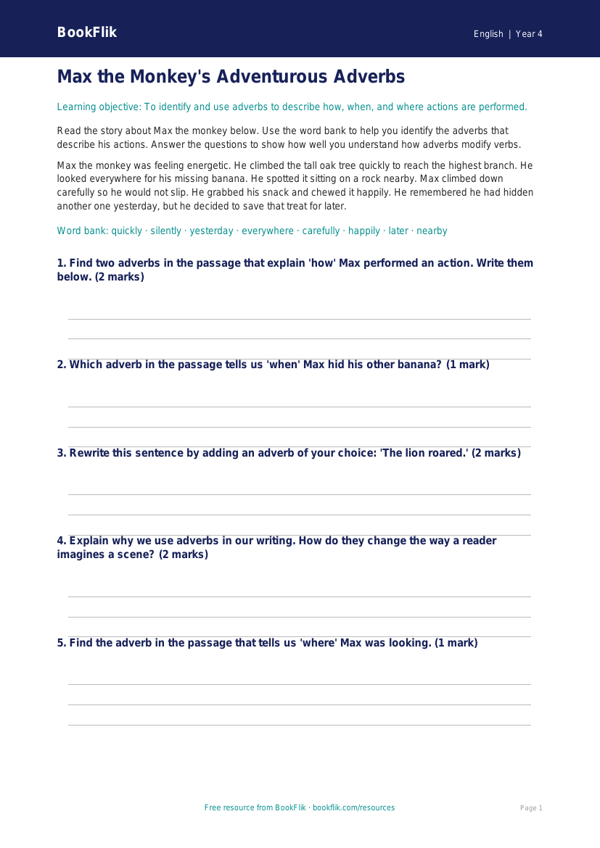 Free Adverbs Word Mat | Year 4 Core | BookFlik worksheet preview — English Adverbs