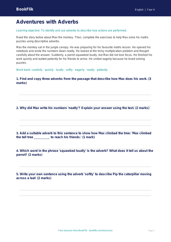 Free Adverbs Worksheet | Year 4 Core | BookFlik worksheet preview — English Adverbs