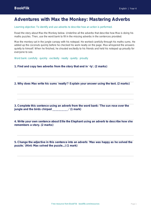 Free Adverbs Writing Frame | Year 4 Core | BookFlik worksheet preview — English Adverbs