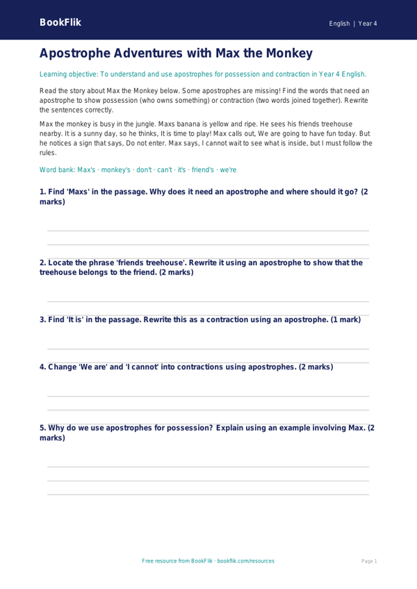 Free Apostrophes Activity Sheet | Year 4 Core | BookFlik worksheet preview — English Apostrophes