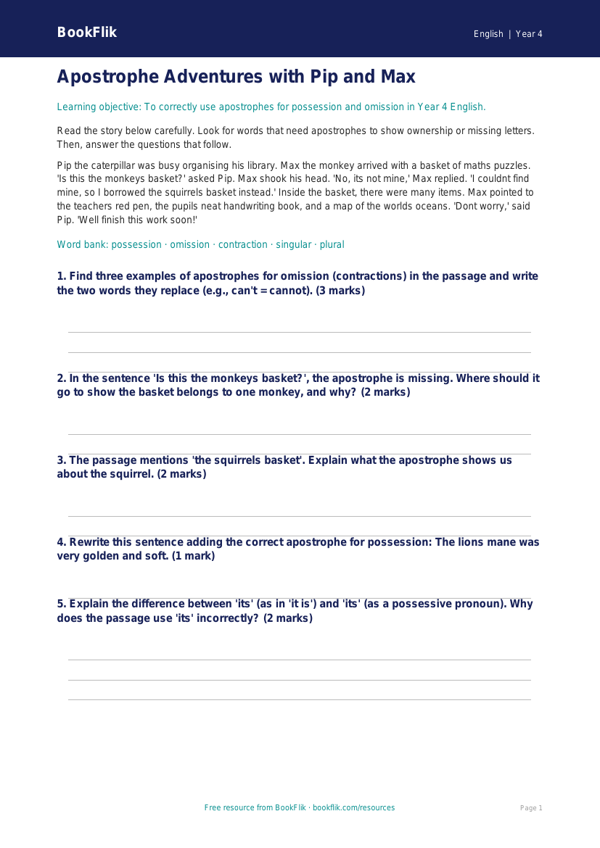 Free Apostrophes Assessment | Year 4 Core | BookFlik worksheet preview — English Apostrophes