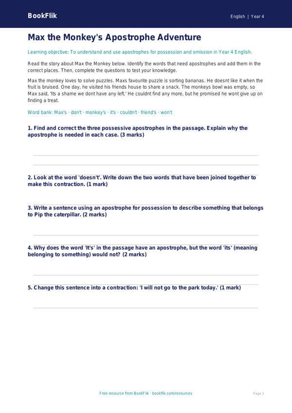 Free Apostrophes Colouring Page | Year 4 Core | BookFlik worksheet preview — English Apostrophes