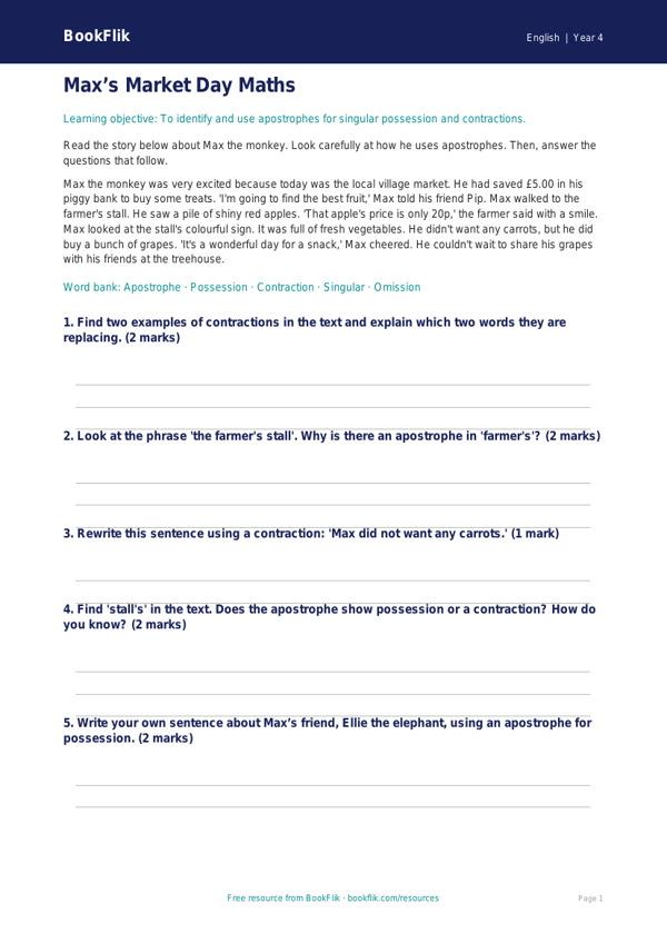Free Apostrophes Comprehension | Year 4 Core | BookFlik worksheet preview — English Apostrophes
