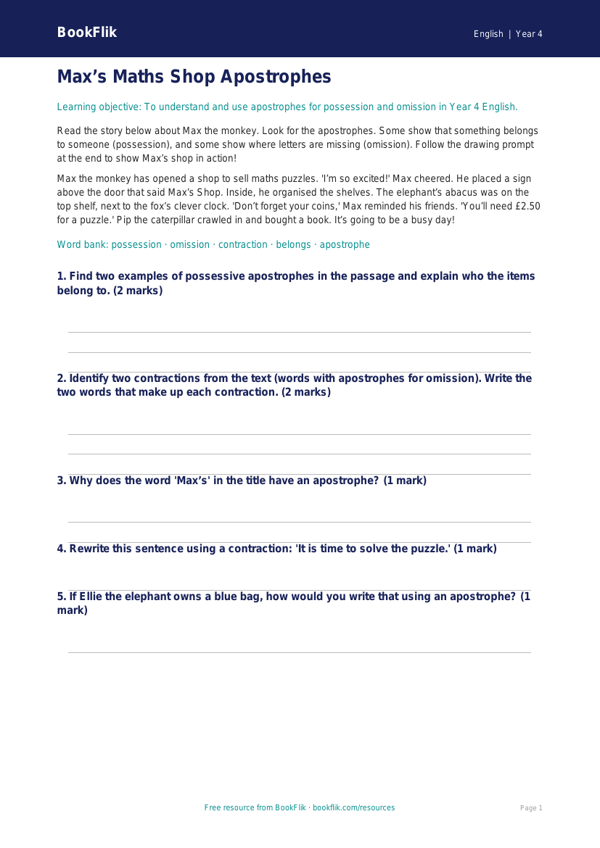 Free Apostrophes Drawing Sheet | Year 4 Core | BookFlik worksheet preview — English Apostrophes