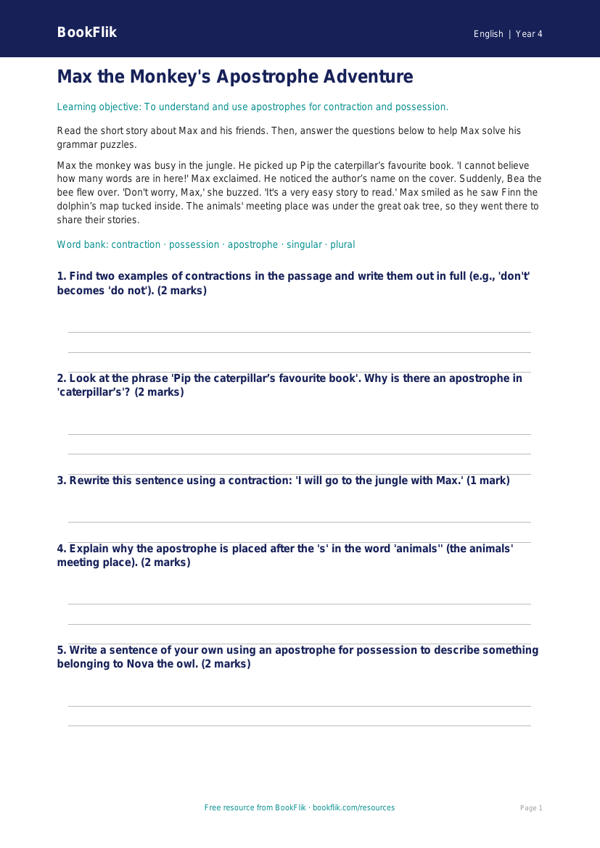 Free Apostrophes Flashcards | Year 4 Core | BookFlik worksheet preview — English Apostrophes