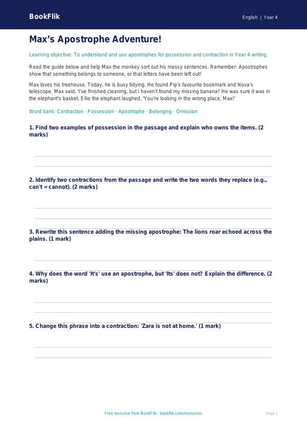 Free Apostrophes Poster | Year 4 Core | BookFlik worksheet preview — English Apostrophes