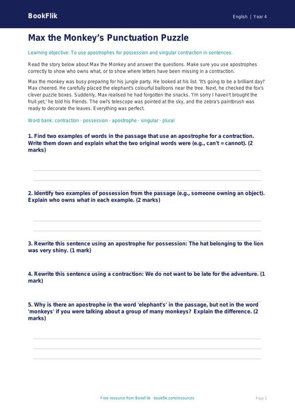 Free Apostrophes Quiz | Year 4 Core | BookFlik worksheet preview — English Apostrophes