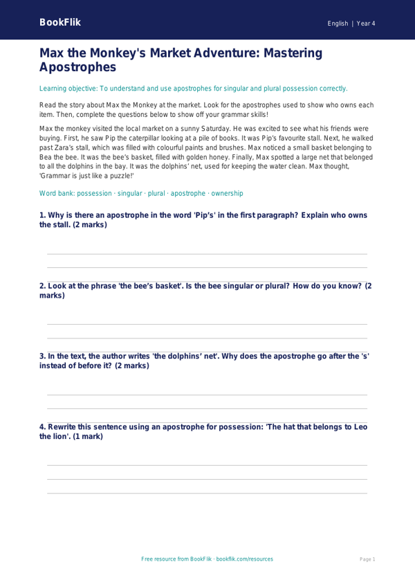 Free Apostrophes Worksheet | Year 4 Grammar Practice | BookFlik worksheet preview — English Apostrophes