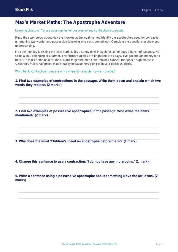 Free Apostrophes Track Sheet | Year 4 Core | BookFlik worksheet preview — English Apostrophes