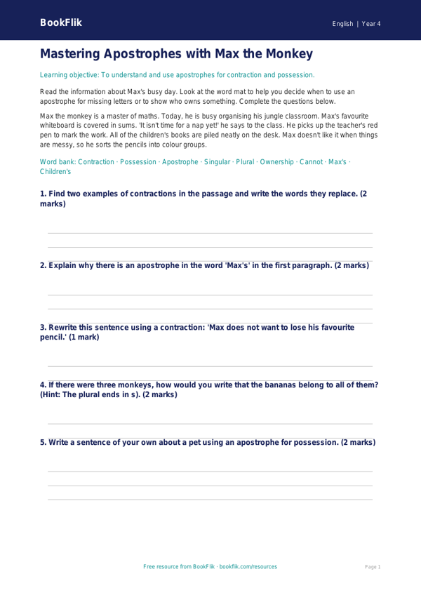Free Apostrophes Word Mat | Year 4 Core | BookFlik worksheet preview — English Apostrophes