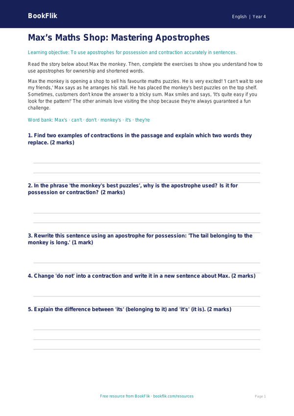 Free Apostrophes Worksheet | Year 4 Core | BookFlik worksheet preview — English Apostrophes