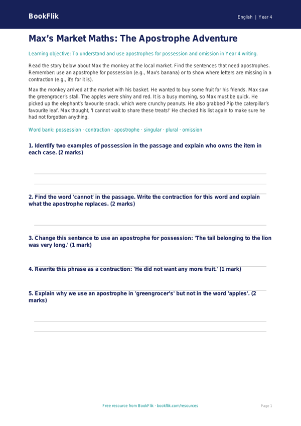 Free Apostrophes Writing Frame | Year 4 Core | BookFlik worksheet preview — English Apostrophes