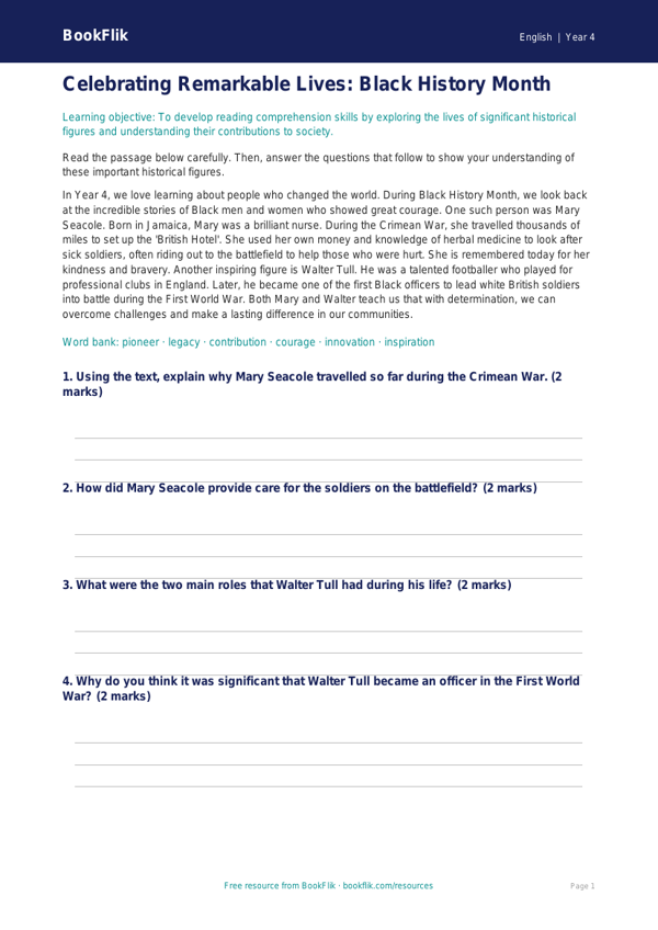 Free Black History Month Activity Sheet | Year 4 Core | BookFlik worksheet preview — English Black History Month