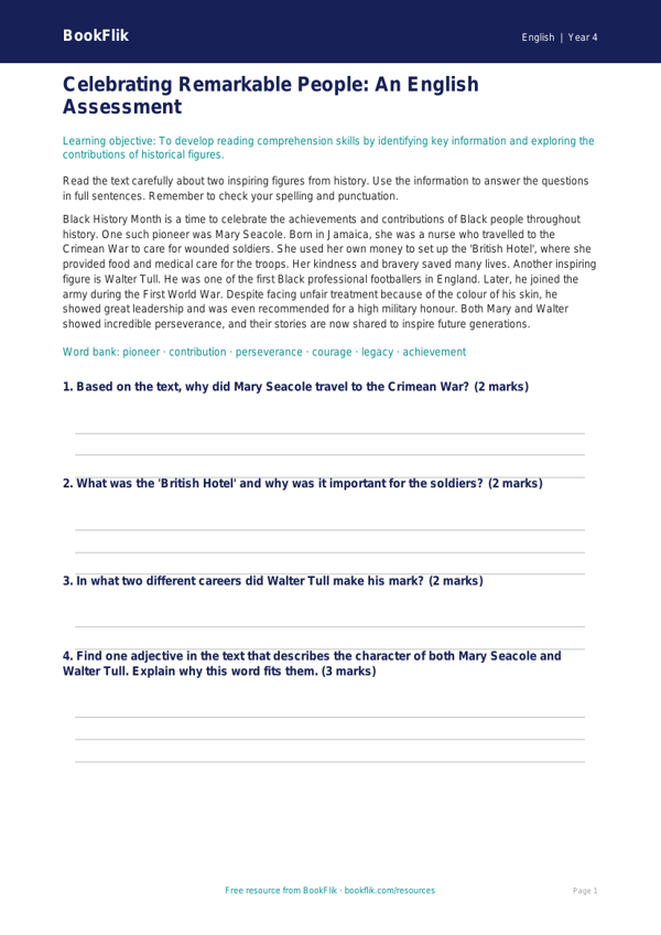 Free Black History Month Assessment | Year 4 Core | BookFlik worksheet preview — English Black History Month