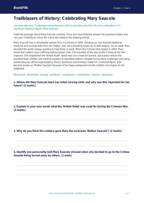 Free Black History Month Colouring Page | Year 4 Core | BookFlik worksheet preview — English Black History Month