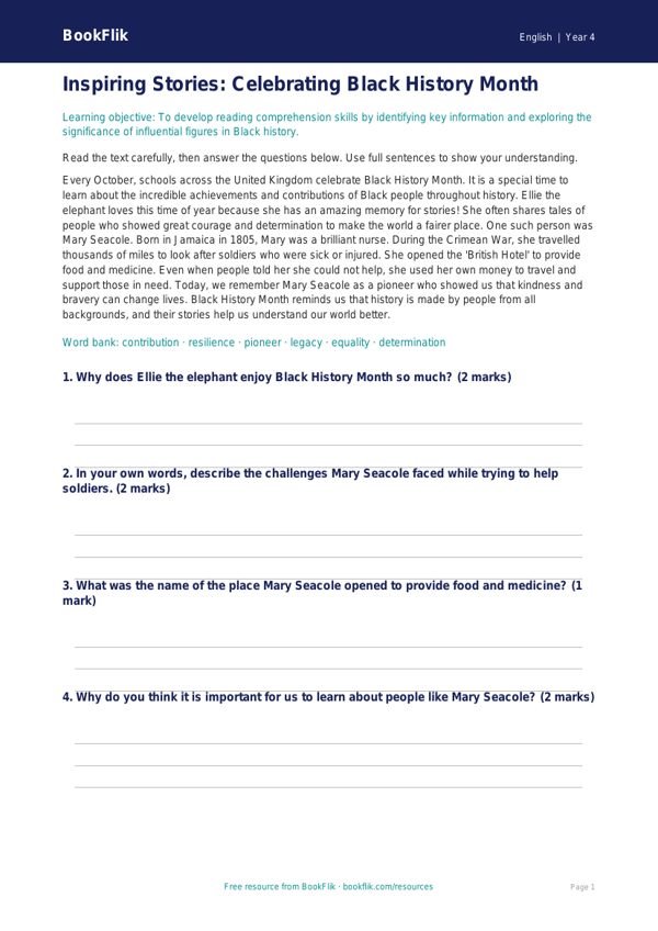 Free Black History Month Comprehension | Year 4 Core | BookFlik worksheet preview — English Black History Month