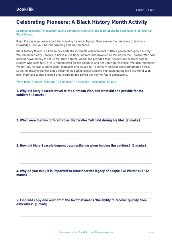 Free Black History Month Flashcards | Year 4 Core | BookFlik worksheet preview — English Black History Month