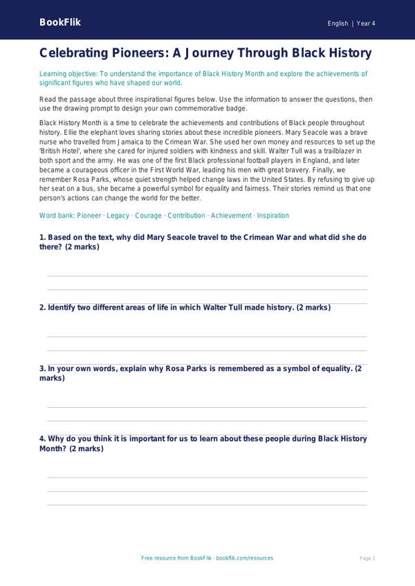 Free Black History Month Poster | Year 4 Core | BookFlik worksheet preview — English Black History Month