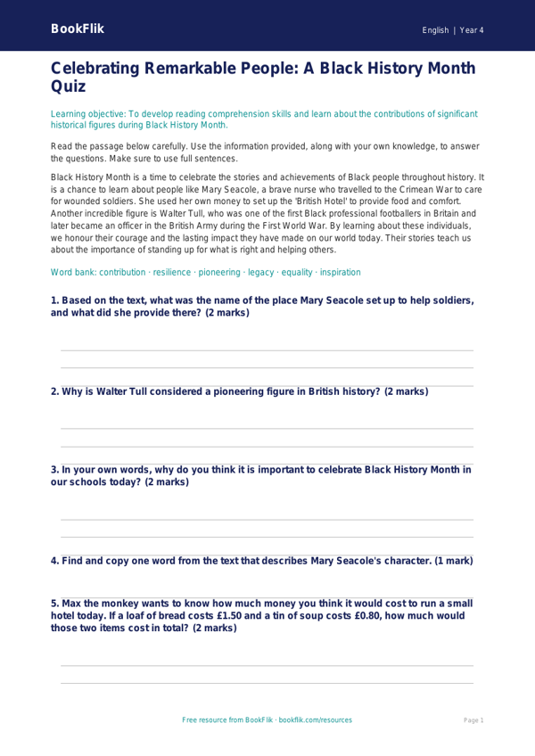 Free Black History Month Quiz | Year 4 Core | BookFlik worksheet preview — English Black History Month